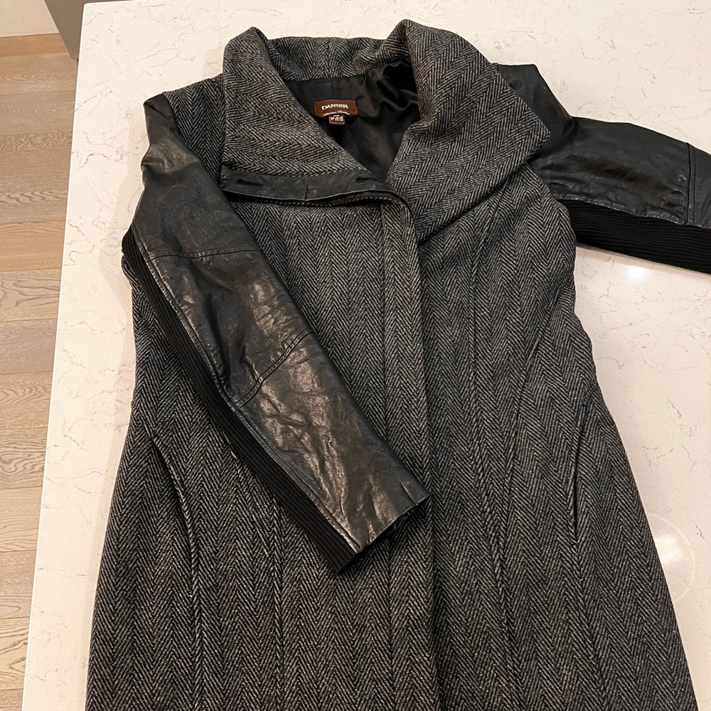 Classic Danier Herringbone Print Wool Coat with Leather trim and sleeves